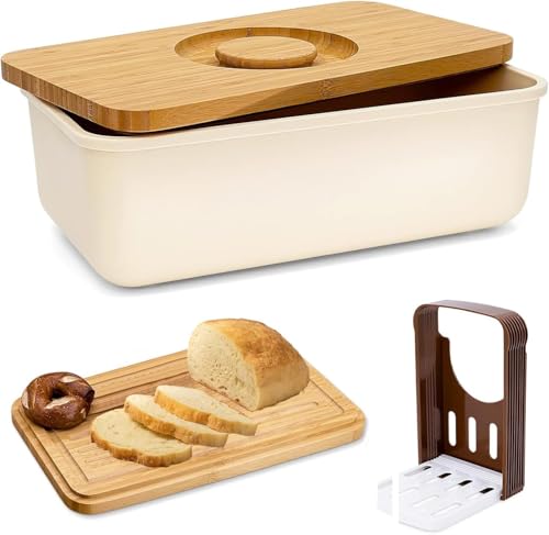 Bread Box, Large Bread Storage Container With Bamboo Wood Cutting Board Lid & Bread Slicer Holder, Rectangular Cream Color Bread Container, For Kitchen Countertop
