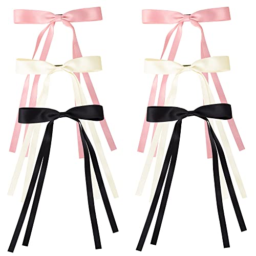 Bmobuo Hair Ribbon 6PCS, Satin Coquette Aesthetic Ponytail Holders - Women's Hair Bows, Alligator Clips and Barrettes in White, Black, Pink