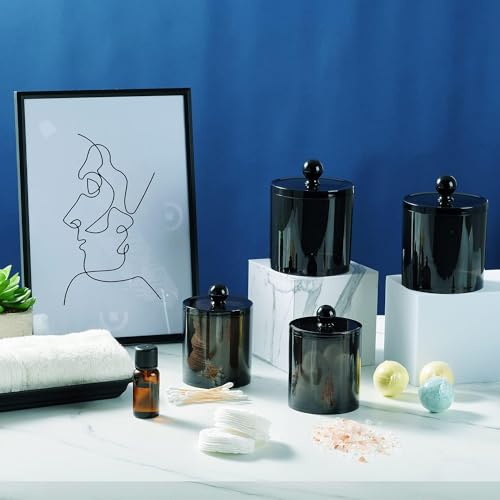 SheeChung 4 Pack Plastic Acrylic Bathroom Vanity Countertop Canister Jars with Storage Lid, Apothecary Jars Qtip Holder Makeup Organizer for Cotton Balls,Swabs,Pads,Bath Salt(Black, 10&12oz)