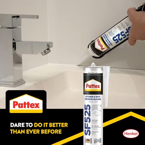 Pattex Sf525 Kitchen And Bath Premium Silicone Sealant, Mould Resistant, Ideal For Showers, Toilets Tiles, Easy Bathroom Sealant 1X280ML Cartridge