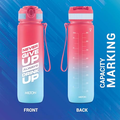 MILTON 1000ml Motivational Water Bottle with Straw & Capacity Marker (Never Give Up) – Unbreakable, BPA-Free Plastic Drinking Bottle for Gym, Sports, & Camping for Kids, Men & Women - Gen'Z - Red