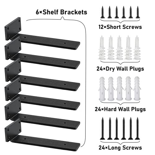 YMDparts Heavy Duty Blind Shelf Brackets, 5mm Thick Rustic for Custom Wood Shelves, 12 Inch Solid Steel Black With Hardware Needed (6Pcs)