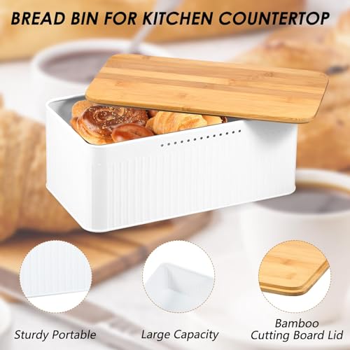 NALACAL Modern Metal Bread Box with Bamboo Lid, Bread Storage Container, 13×7×5.3 Inch Bread Storage Container for Kitchen Counter, Bread Keeper for Homemade Bread, Bagel, Muffins, Rolls
