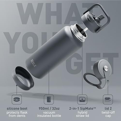 BEOLA 950ml Water Bottle 18/8 Stainless Steel 304 Double Wall Insulated Thermos Bottle with Straw Lid and wide mouth, 2 lids included, Hot Cold Liquids Sports Bottle, 32oz