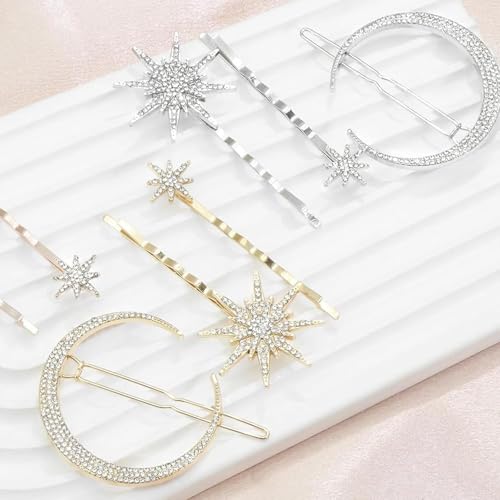 Rhinestone Hair Accessories Set, 6 Pieces Moon and Stars Hair Clips, Alloy Diamond-studded Hair Accessories for Women Girls (Gold+Silver)