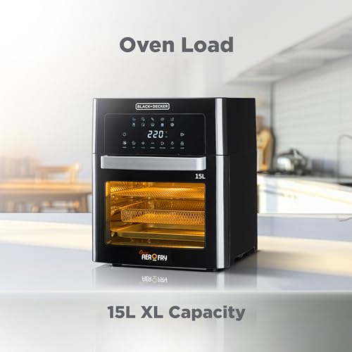 BLACK+DECKER Digital Air Fryer Oven, 1700W, 15L Family-Sized Capacity, Touch Control, 10 Preset Functions, 80-220°C Adjustable Temp, Rapid Air Convection, Smoke-Free Cooking, Black - AOF150-B5