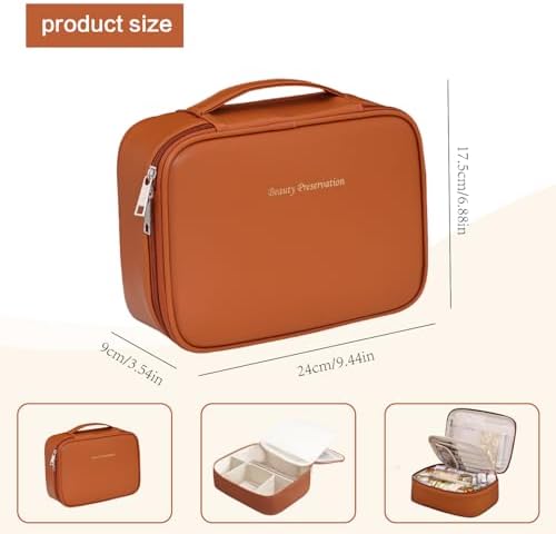 Large Makeup Bag, Portable Travel Makeup Bag for Women Girls, Makeup Organizer Cosmetic Bag with Makeup Brush Compartment, Waterproof Leather Makeup Travel Case With Handle and Divider - Black (Pink)