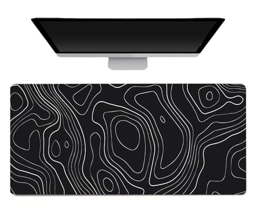 ECVV Gaming Mouse Pad XL - 80x30cm Large Mouse Mat with Anti-Slip Rubber Base for Keyboard and Mouse, for Home and Office�?Black with White Topographic Line�?