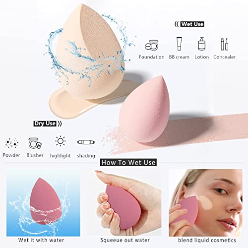 Wawasia 4 Pcs Professional Beauty Makeup Sponges Blender Set With Spring Holder And Storage Case, Foundation Blending Blender Flawless for Cream, Powder and Liquid, Pink