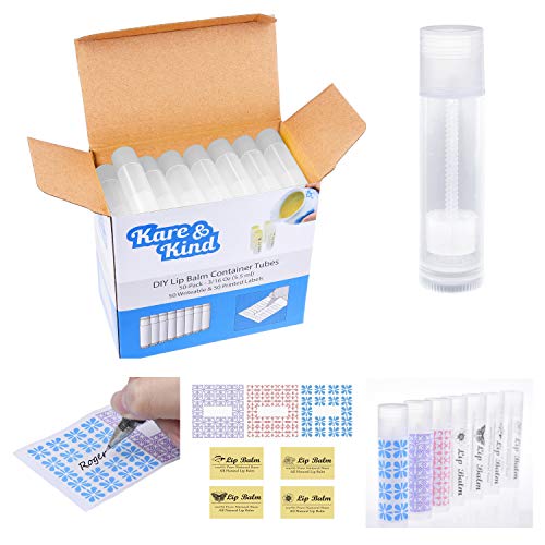 Kare & Kind Lip Balm Container Tubes 50-Pack DIY Translucent 3-16 Oz (5.5 ml) Including 50 Writeable & 50 Printed Lip Balm Stickers Twist Mechanism and a Cap Empty Transparent