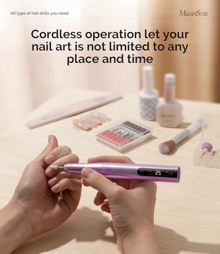 MelodySusie Cordless Electric Nail Drill Machine 11 in 1 Kit, 25000RPM Portable Rechargeable Nail Efile Set for Acrylic Gel Dip Powder Nails, 25 Speeds Manicure Pedicure Polishing Shape Tools