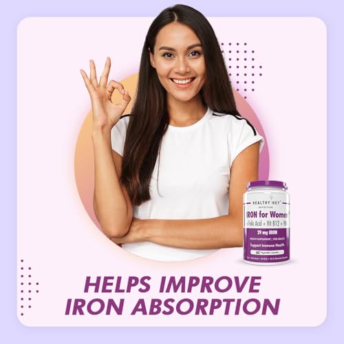 HealthyHey Iron Supplement for Women -100% Chelated - With Vitamin B12, Folic Acid & Vitamin C for High Absorption (60 Veg Capsules)