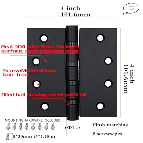 KSDCMRS Stainless Steel Door Hinge Ball Bearing NRP, Heavy Duty Inner and Outer Door Hardware for Left and Right Doors, 4" (101mm) x 4" (101mm) Door Hinge, Door Hinge 4 Pack (Black)
