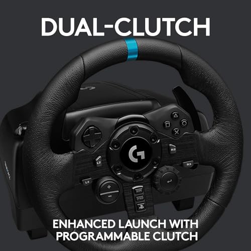 Logitech G923 Racing Wheel and Pedals, TRUEFORCE Feedback, Responsive Driving Design, Dual Clutch Launch Control, Genuine Leather Steering Wheel Cover, for PS5 Pro, PS5, PS4, PC - Black - UAE Version