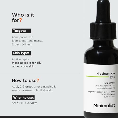 Minimalist Niacinamide 10% for Blemishes, Acne Marks & Oil Balancing with Zinc | Skin Clarifying Anti-Acne Face Serum for Acne Prone or Oily Skin | 30ml