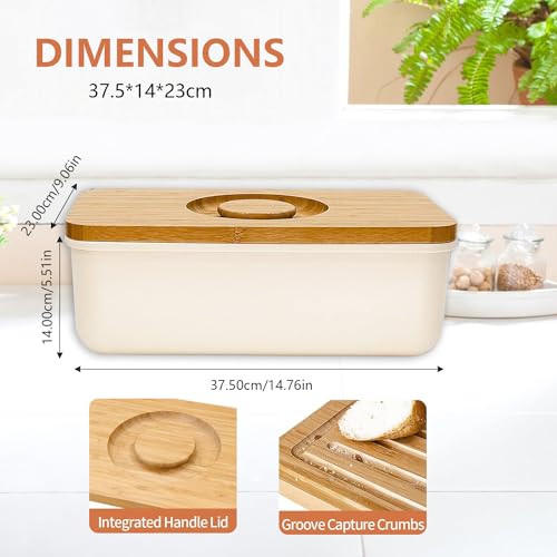 Angju Bread Box With Bamboo Wood Cutting Board Lid & Bread Slicer Holder, Rectangular Cream Color Bread Container For Kitchen Countertop, 40.5 * 21 * 13cm, Bread Storage Container