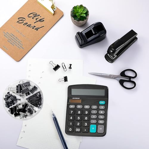 Angju Office Supplies,7 Set Desk Accessory Kit Include Stapler Tape Dispenser Pen Binder Clips Paper Clips Scissor and Calculator for Students and Office Clerks