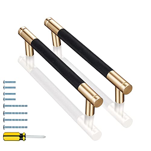 GTKHAAPPY Cabinet Handles 2-Pack 5'' Modern Black & Gold Aluminum Cabinet Pulls Knurled Diamond Pattern Drawer Hardware for Kitchen Cupboard Door and Bathroom (3.75" Hole Center)