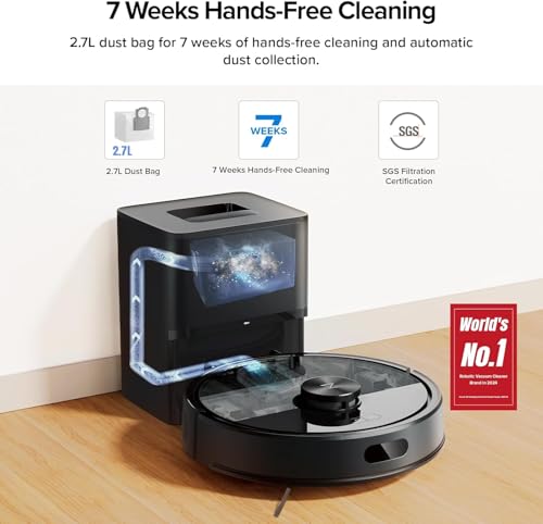 roborock Q7 TF+ Robot Vacuum and Mop, Self-Emptying Dock, 7 Weeks Hands-Free Cleaning, 10000Pa Suction, Dual Anti-Tangle System, for Pet Hair & Carpet, PreciSense LiDAR Navigation, App Control, Black