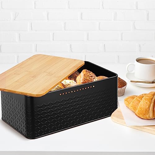 Worephu Bread Bin Bread Storage Box with Bamboo Lid, Black Bread Storage Container Bin, for Kitchen Countertop Organizer (Black)