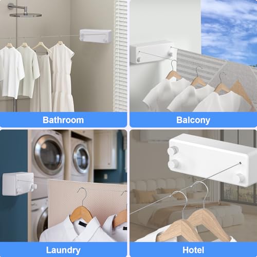 Retractable Clothesline Indoor - Double Clothes Line Retracting Outdoor Stainless Steel Clothes Line for Hanging Clothes - Wall Mounted Laundry Line (White)