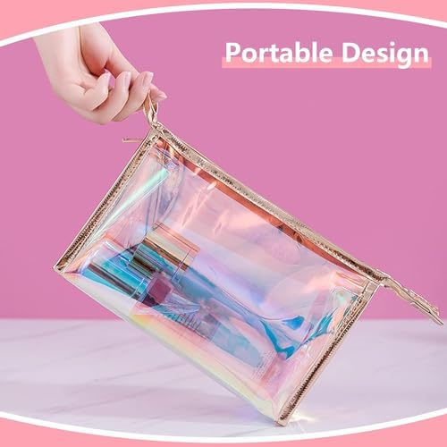 Tazweeq 3 Pieces Holographic Makeup Bag Portable Travel Iridescent Cosmetic Pouch TPU Waterproof Cosmetic Bags for Makeup Tools Organize, Women Toiletries, Travel, Pencil Case