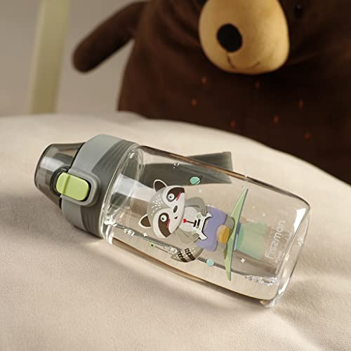 Water Bottle 500mL for Kids by Fissman, BFA Free | Non-Toxic | Leak-Proof | Pop-Up Spout Cover | Flip Top Lid | Raccoon Printed, Black.