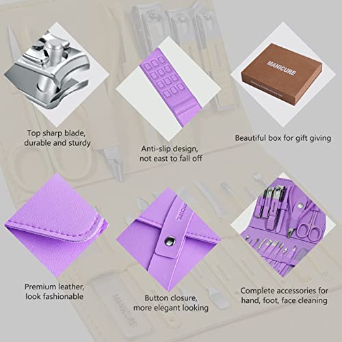 16 Stainless Steel Nail Care Tools, Manicure Set, Professional Nail Clipper Pedicure Set, Beauty Set with Luxury Travel Holster, Suitable for Men and Women with Thick Nails, Purple