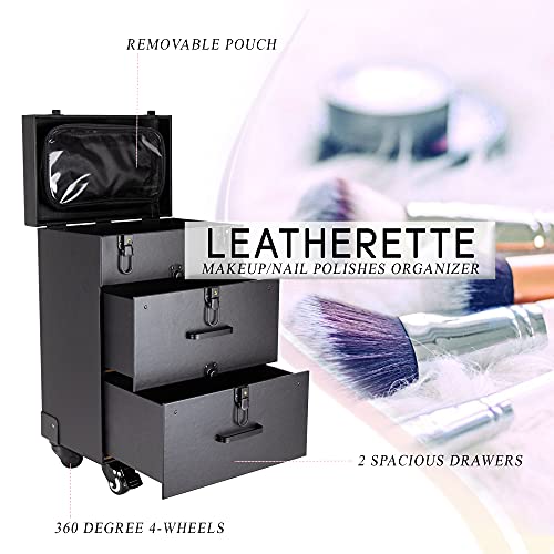Ver Beauty Rolling Makeup Trolley Salon Cosmetic Hair Stylist and Professional Nail Artist Train Case Hairdressing Organizer Box 360° Swivel Wheels Faux Leather, Black