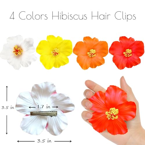 4Pcs Hawaiian Flower Hair Clips for Women,Plumeria Hibiscus Hair Clips Rose Hair Barrettes 3.5 Inch Artificial Flower Clips,Hair Accessories for Vacation Beach Party, Boho Clips for Girls Wedding