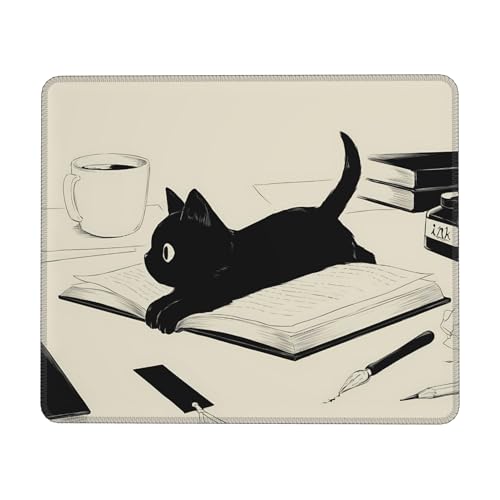 Black Cat Mouse Pad Cute Funny Square Mouse Pad Anti-Slip Rubber Kawaii Mousepad with Stitched Edgesfor Computer and Laptop Mouse Mat, Cute Desk Accessories, Office Decor, Desk Decor,Gift for Her