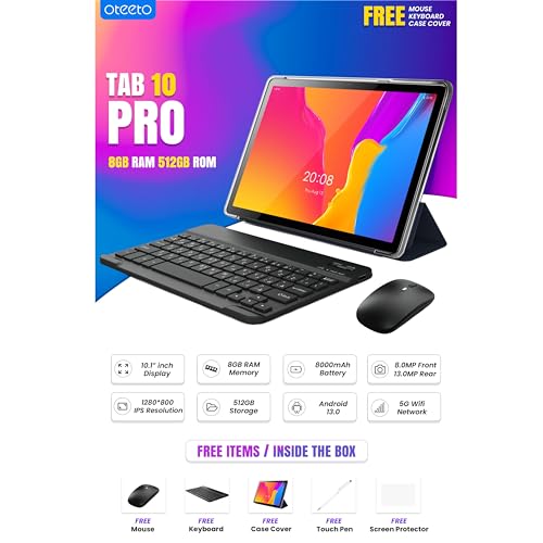 Oteeto TAB 10 Pro/Single SIM 5G Network/8GB RAM + 512GBG ROM/5G Wifi/8000 mAh/8MP Front + 13MP Rear Camera/Quad Core 2.0GHz Processor/Android 13/Includes Keyboard,Mouse,Touch Pen,OTG,Flip Cover (Gray)