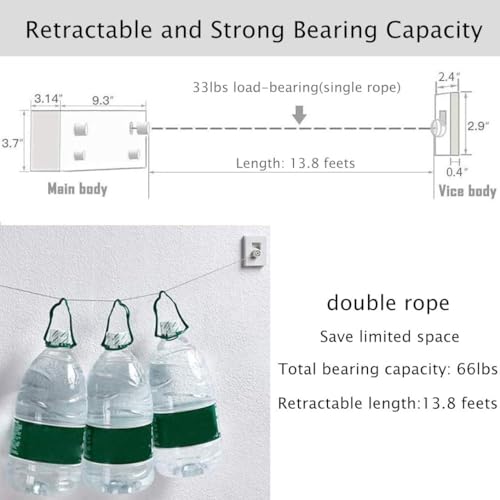 Retractable Clothesline Indoor Outdoor, ABS Case??? Dryer Clothes Line with Adjustable 4.2m Stainless Steel Double Rope, 30kg Load-bearing, Invisible Wall Mounted Laundry Drying Rack (White)