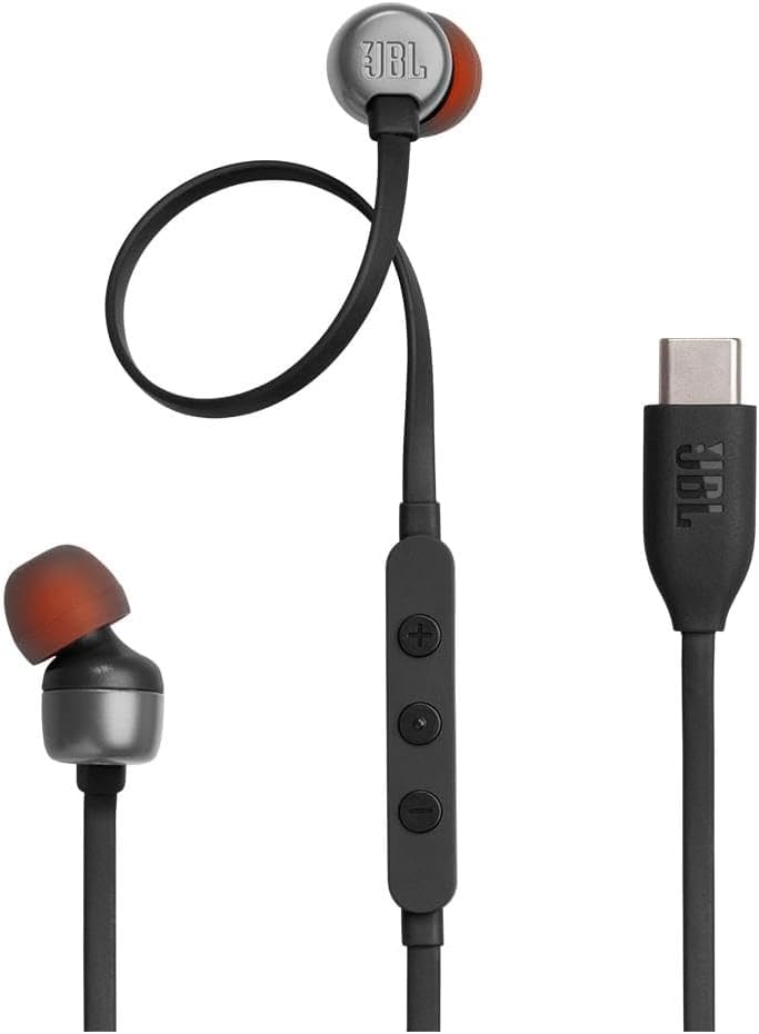 JBL Tune 110 Wired In-Ear Headphones, Deep and Powerful Pure Bass Sound, 1-Button Remote/Mic, Tangle-Free Flat Cable, Ultra Comfortable Fit - Black, JBLT110BLK