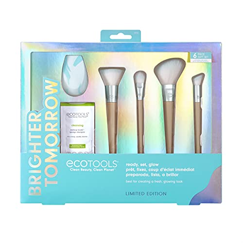 Ecotools Limited Edition Ready, Set, Glow Makeup Accessory & Cleansing Set - 6 Piece Blue Makeup Tool Gift for Wife, Daughter, or Girlfriend