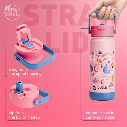 BEOLA 550ml Kids Water Bottle 18/8 Stainless Steel Double Wall Insulated Thermos Bottle with Straw Lid and Wide Mouth, Hot Cold Liquids Sports School Bottle (19oz, Unicat Magic)