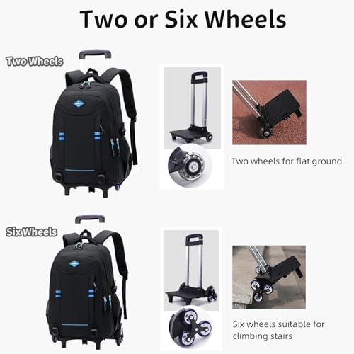 Sopnorm Rolling Backpack for Boys Elementary School Bag with Wheels Travel Trolley Bag 2 wheels and 6 wheels, Black/Blue 6 Wheels, 6 wheels