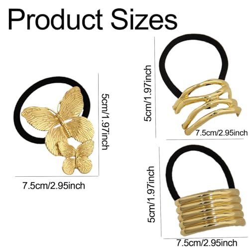 3PCS Metal Hair Ties, Ponytails Hair Cuffs Metal Geometric Elastic Hair Ties Women's Glossy Ponytail Hair Elegant Durable Design Tie Hair Accessories for Thick Hair Ponytails suitable (gold, 3pcs)