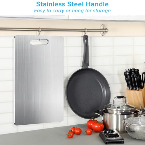 Yakiter Kitchen Cutting Board, 304 Stainless Steel Cutting Board for Kitchen & Meat Cheese Vegetable Fruit, Double-Side using, Easy-Grip Handle (C-Two piece set)
