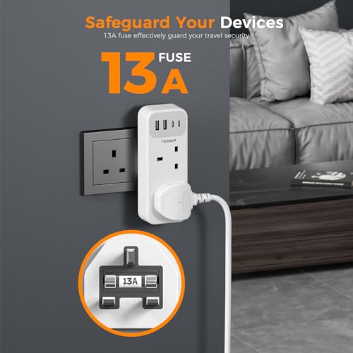 TESSAN Double Plug Adaptor with 4 USB(2 USB C), 2 Way Multi Plug Extension Adapter, UK 13A Fuse Multiplug Sockets Power Extender for Home, Kitchen, Office, School Supplies