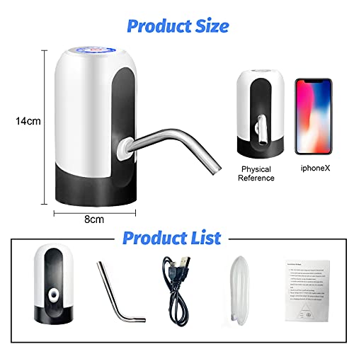 SKY-TOUCH 5 Gallon Water Bottle Pump, USB Charging Portable Electric Water Pump for for for 2-5 Gallon Jugs USB Charging Portable Water Dispenser for Office, Home, Camping, Kitchen and etc. White