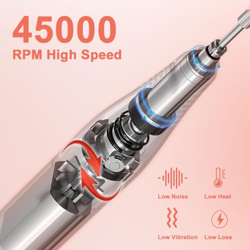 Azulmart Electric Nail File Set 6 In 1 Professional Nail Drill Kit Machine 45000RPM Speed Adjustable Manicure Pedicure Polishing Shape Tools Rechargeable Portable with 2 Nail Bits for Women Salon Home