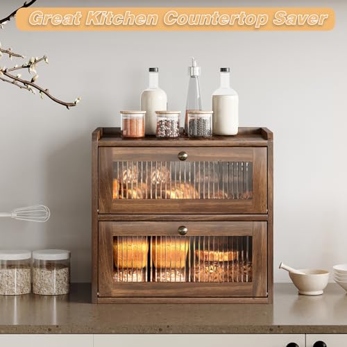 Alpeir Double Layer Large Bread Box for Kitchen Counter, Wooden Corner Bread Storage Container with Acrylic Window, Retro Brown