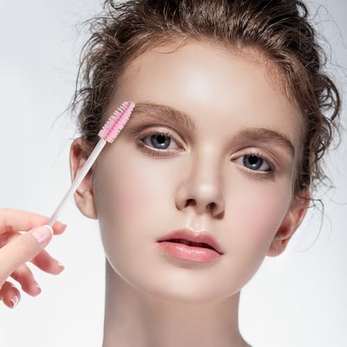 Mekupeu 300 Pcs Set Mascara Wands Disposable Eye Lash Brushes for Eyelash Extensions Makeup Applicator Tool Bulk, White/Pink