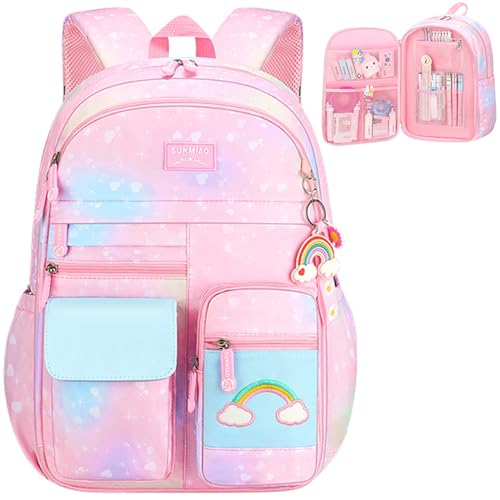 Qiccijoo Girls Backpack for Kids Bookbag Teens Girls Elementary School Bags Cute Student School Backpack Toddler Backpack Lightweight Waterproof Bag for Child(Pink)