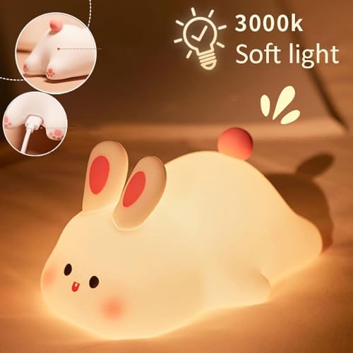 LUYAO Big Face Rabbit Light, 2024 New Cute Silicone USB Rechargeable Night Lamp, 3 Modes Adjustable Brightness Rabbit Silicone Light for Kids Gift
