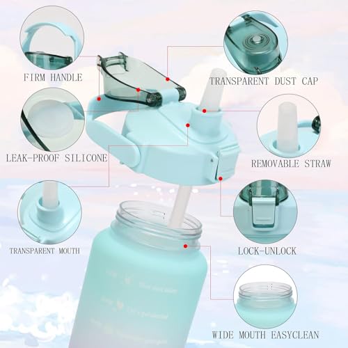 3 Pack Sports Water Bottle With Straw - 2L+900ml+500ml Measured Plastic Drinking BPA Free Non-Toxic Sports Drinks Time Markings Motivational Fitness (Green)