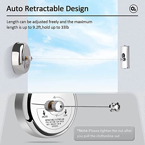 XBLDS Retractable Clothesline, 304 Stainless Steel Clothes Line Dryer with Heavy Duty Adjustable Stainless Steel Rope String for Hanging Drying Bathroom, Laundry, Hotel, Indoor & Outdoor, 2.8M
