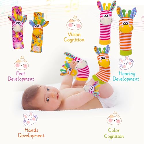 YLMKDE Wrist Rattles and Socks Set - Soft Sensory Toys for Babies, Cartoon Animal Early Development Toy - Shower Gift for Newborn Infant Boy Girl 0 to 3 Years Old