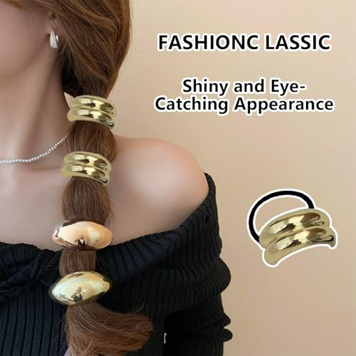 4PCS Metal Hair Ties,Metal Geometric Elastic Hair Ties,Ponytail Hair Cuff,Gold Hair Ties,Gold Hair Cuff Wrap Hair Ties for Thick Hair Gold Ponytail Cuff Elastic Hair Ties for Women Hair Accessories